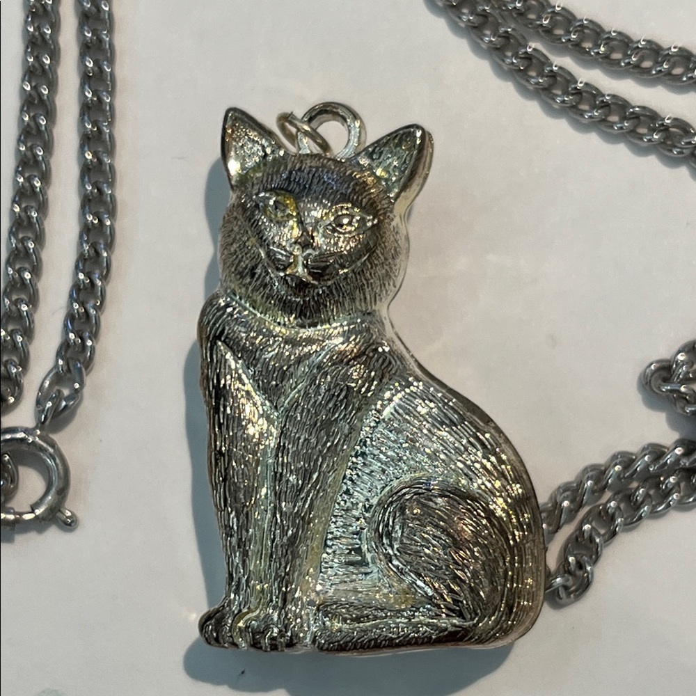 Silver Style Cat Pendant Necklace with Chain Vintage